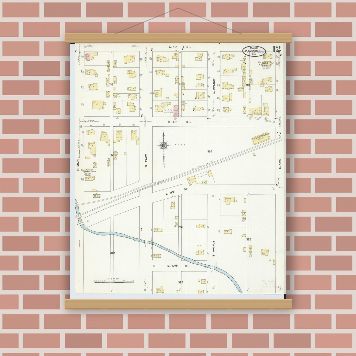 Old map wall art mockup — magnetic wood frame on brick wall — Sanborn Fire Insurance Map from Marysville, Union County, Ohio (1910), Sheet #0012