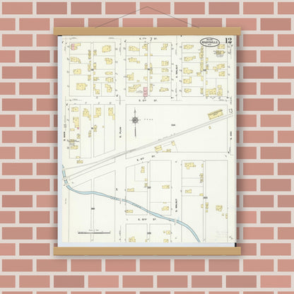 Old map wall art mockup — magnetic wood frame on brick wall — Sanborn Fire Insurance Map from Marysville, Union County, Ohio (1910), Sheet #0012