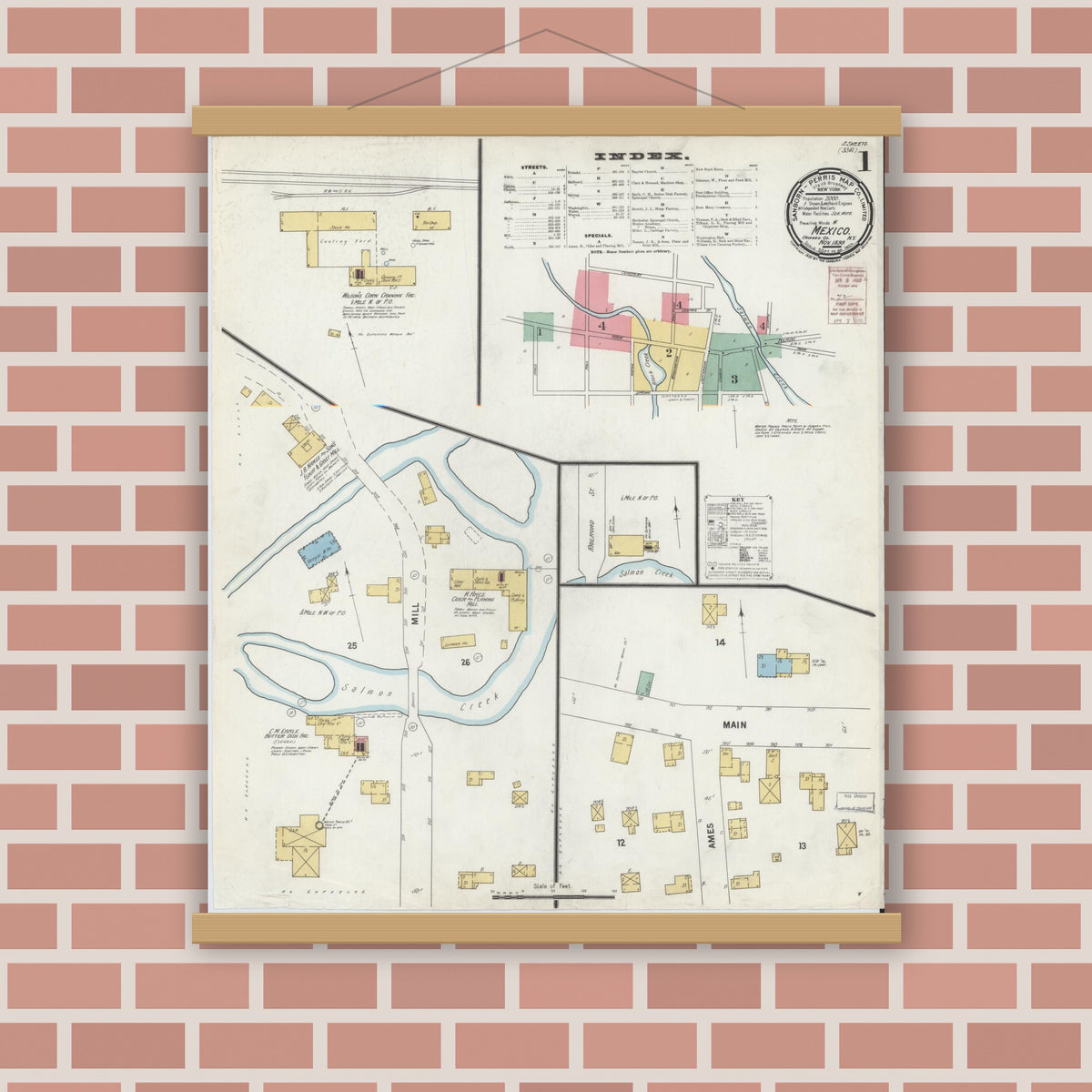 Old map wall art mockup — magnetic wood frame on brick wall — Sanborn Fire Insurance Map from Mexico, Oswego County, New York (1899) - Complete Map Set