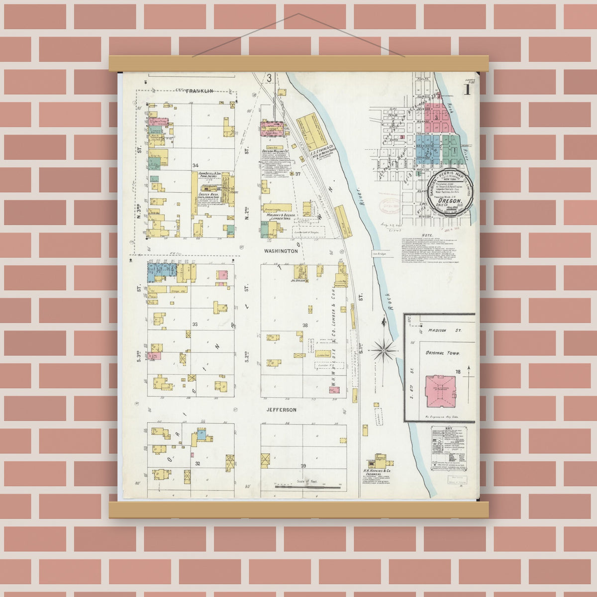 Old map wall art mockup — magnetic wood frame on brick wall — Sanborn Fire Insurance Map from Oregon, Ogle County, Illinois (1899) - Complete Map Set