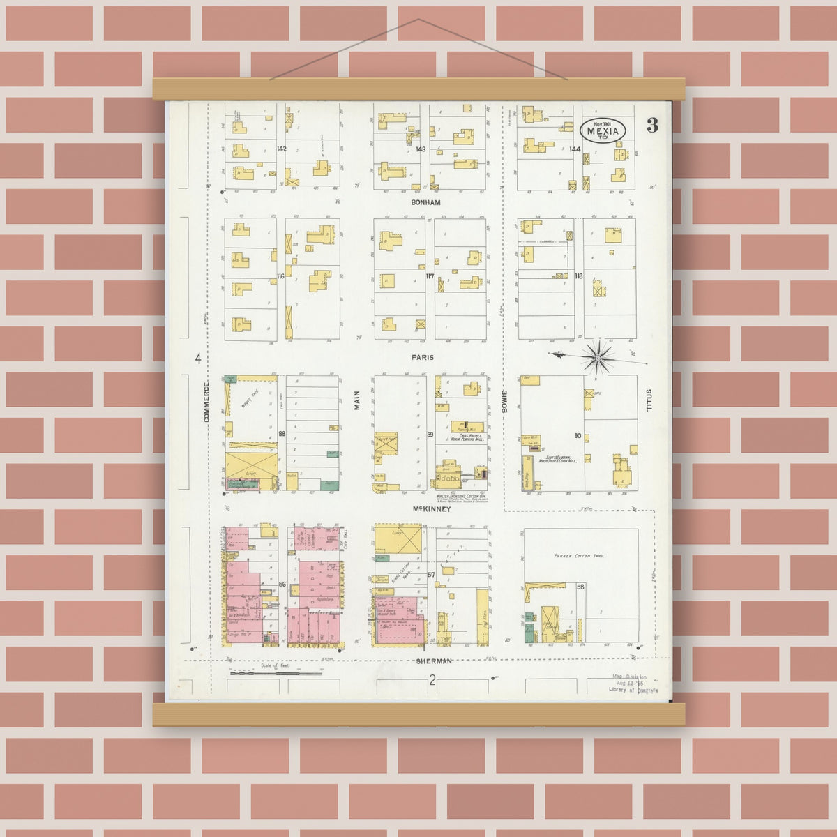 Old map wall art mockup — magnetic wood frame on brick wall — Sanborn Fire Insurance Map from Mexia, Limestone County, Texas (1901), Sheet #0003