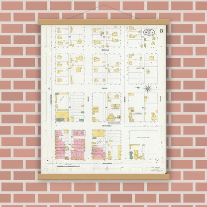 Old map wall art mockup — magnetic wood frame on brick wall — Sanborn Fire Insurance Map from Mexia, Limestone County, Texas (1901), Sheet #0003