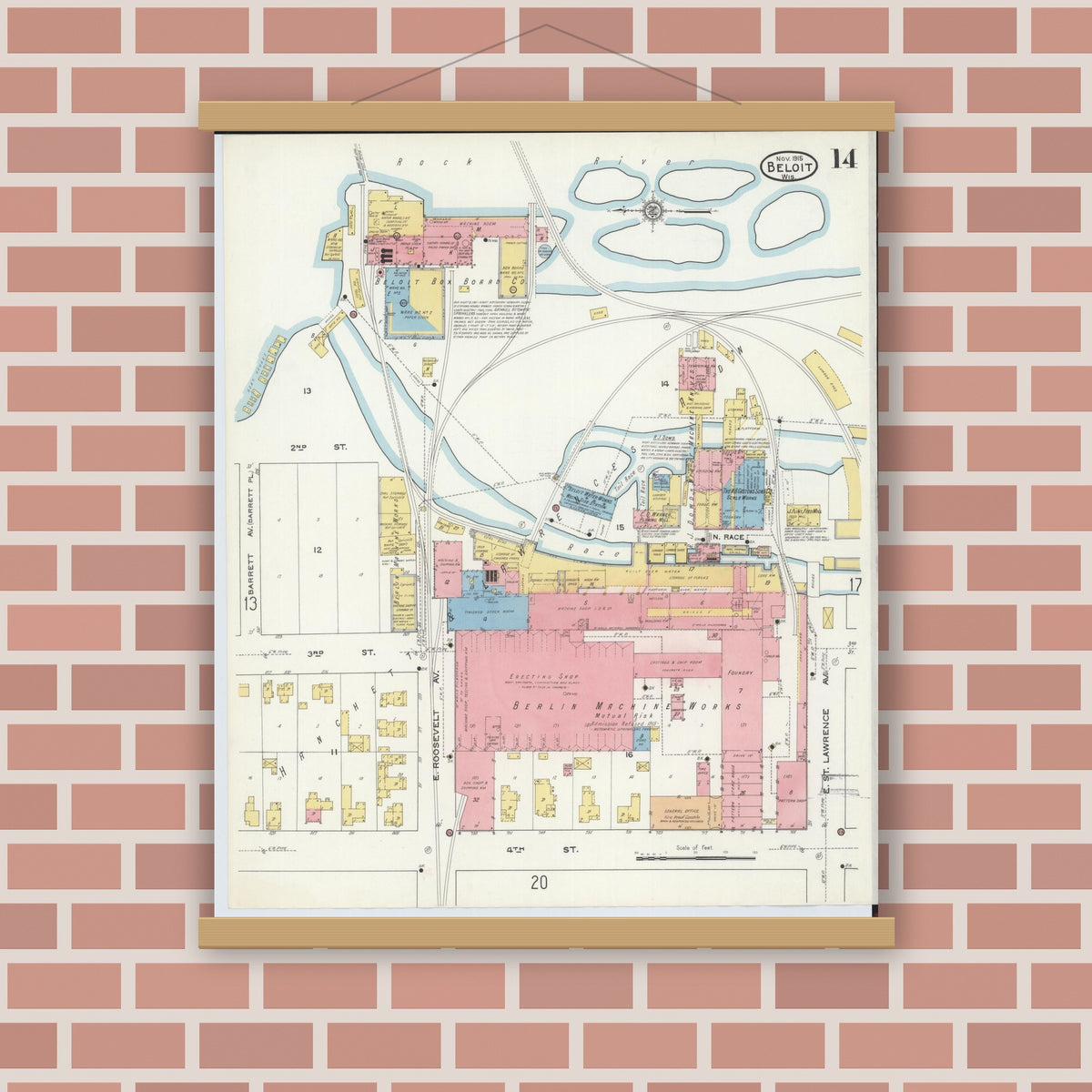 Old map wall art mockup — magnetic wood frame on brick wall — Sanborn Fire Insurance Map from Beloit, Rock County, Wisconsin (1915), Sheet #0014