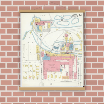 Old map wall art mockup — magnetic wood frame on brick wall — Sanborn Fire Insurance Map from Beloit, Rock County, Wisconsin (1915), Sheet #0014
