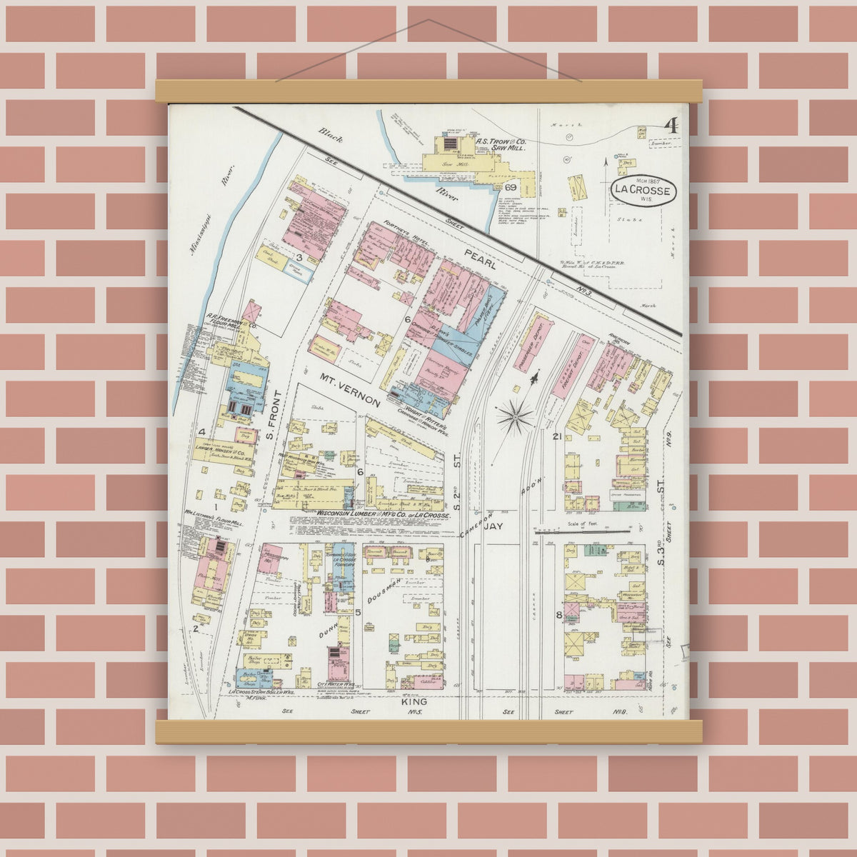 Old map wall art mockup — magnetic wood frame on brick wall — Sanborn Fire Insurance Map from La Crosse, La Crosse County, Wisconsin (1887), Sheet #0004