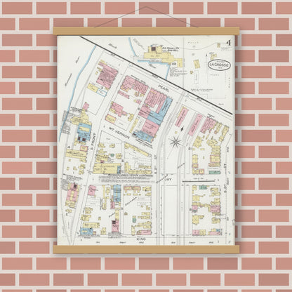 Old map wall art mockup — magnetic wood frame on brick wall — Sanborn Fire Insurance Map from La Crosse, La Crosse County, Wisconsin (1887), Sheet #0004