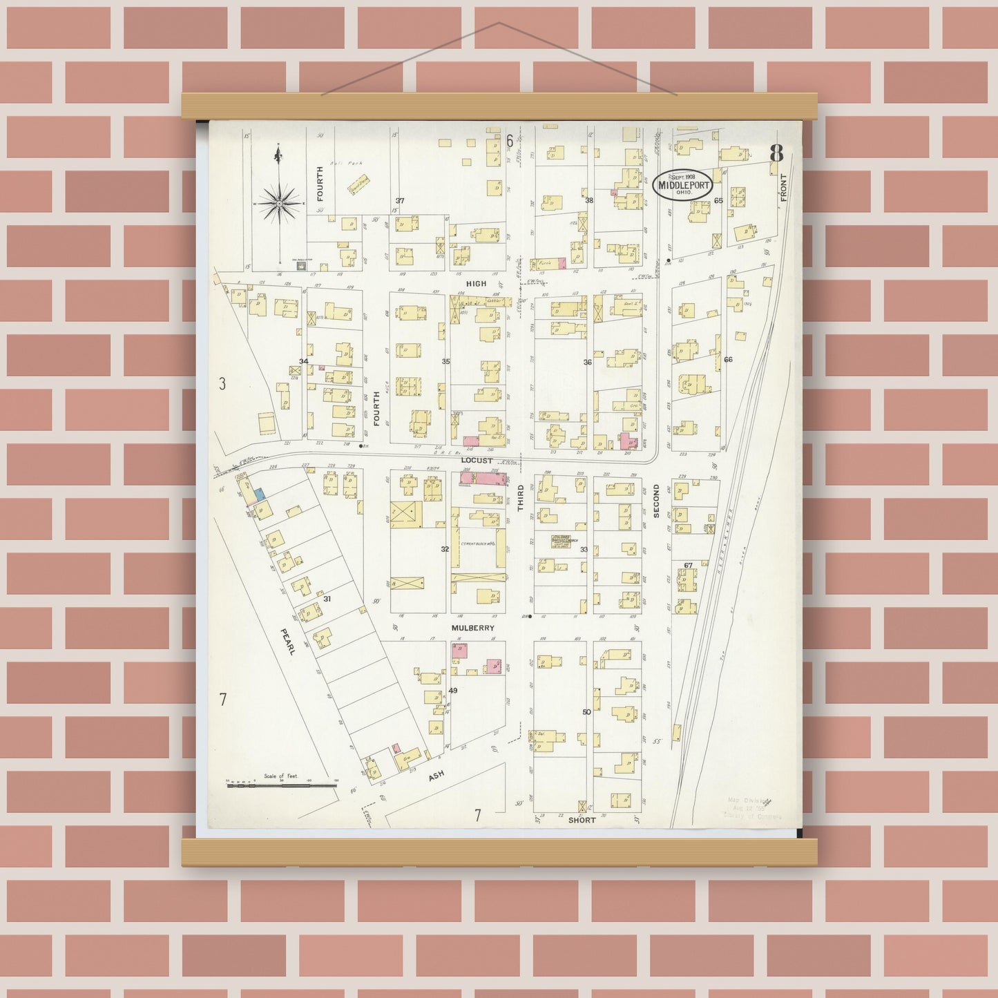 Old map wall art mockup — magnetic wood frame on brick wall — Sanborn Fire Insurance Map from Middleport, Meigs County, Ohio (1908), Sheet #0008