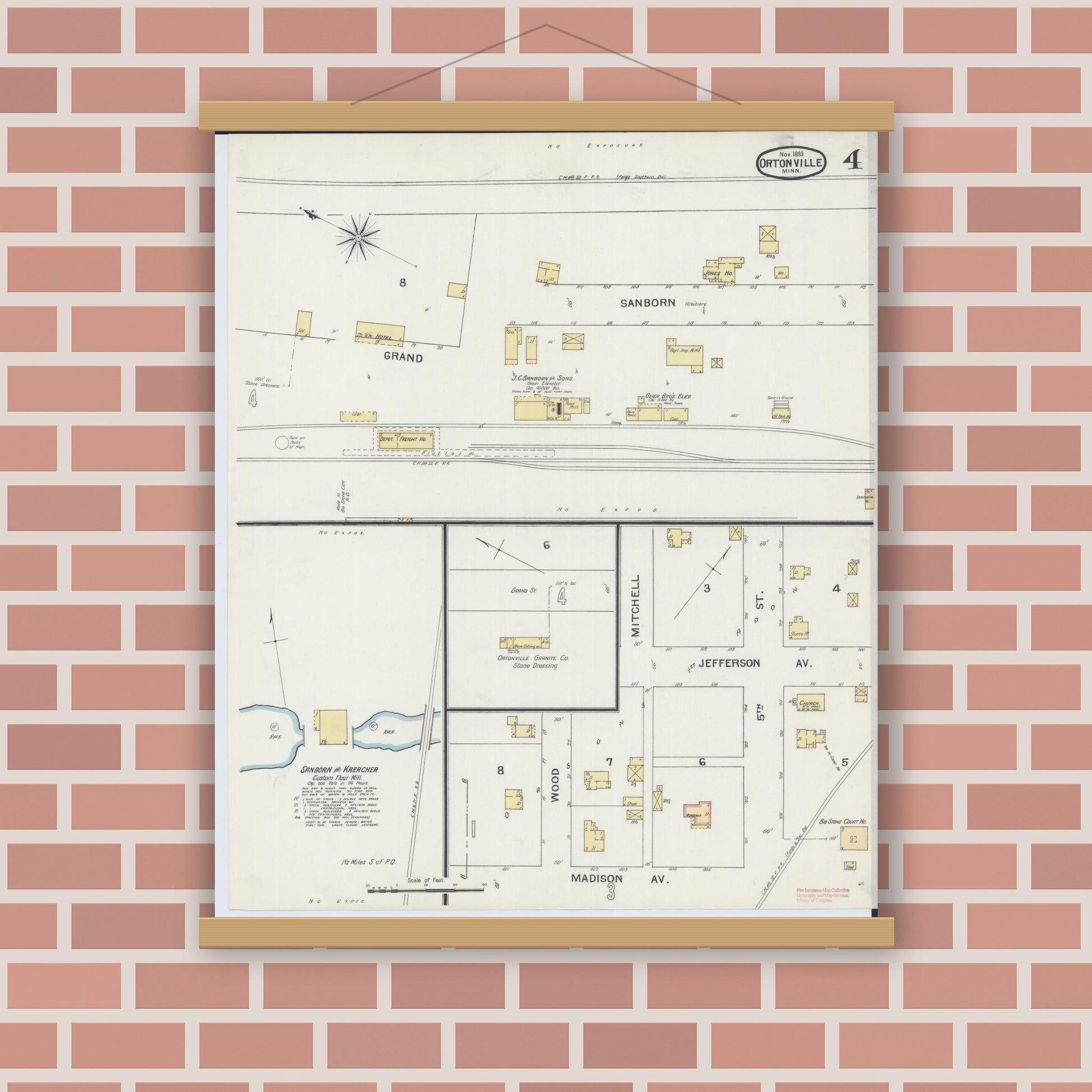 Old map wall art mockup — magnetic wood frame on brick wall — Sanborn Fire Insurance Map from Ortonville, Big Stone County, Minnesota (1893), Sheet #0004