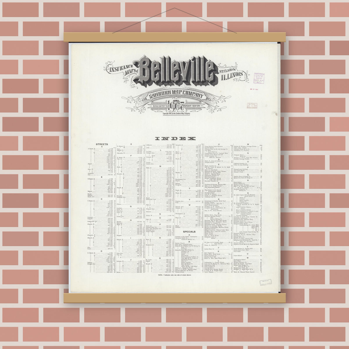 Old map wall art mockup — magnetic wood frame on brick wall — Sanborn Fire Insurance Map from Belleville, Saint Clair County, Illinois (1907), Sheet #0001