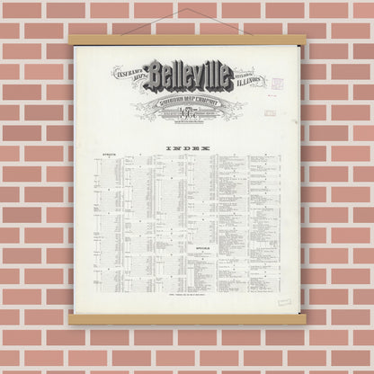 Old map wall art mockup — magnetic wood frame on brick wall — Sanborn Fire Insurance Map from Belleville, Saint Clair County, Illinois (1907), Sheet #0001