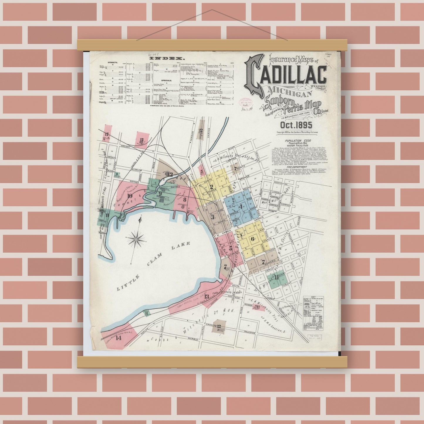 Old map wall art mockup — magnetic wood frame on brick wall — Sanborn Fire Insurance Map from Cadillac, Wexford County, Michigan (1895) - Complete Map Set