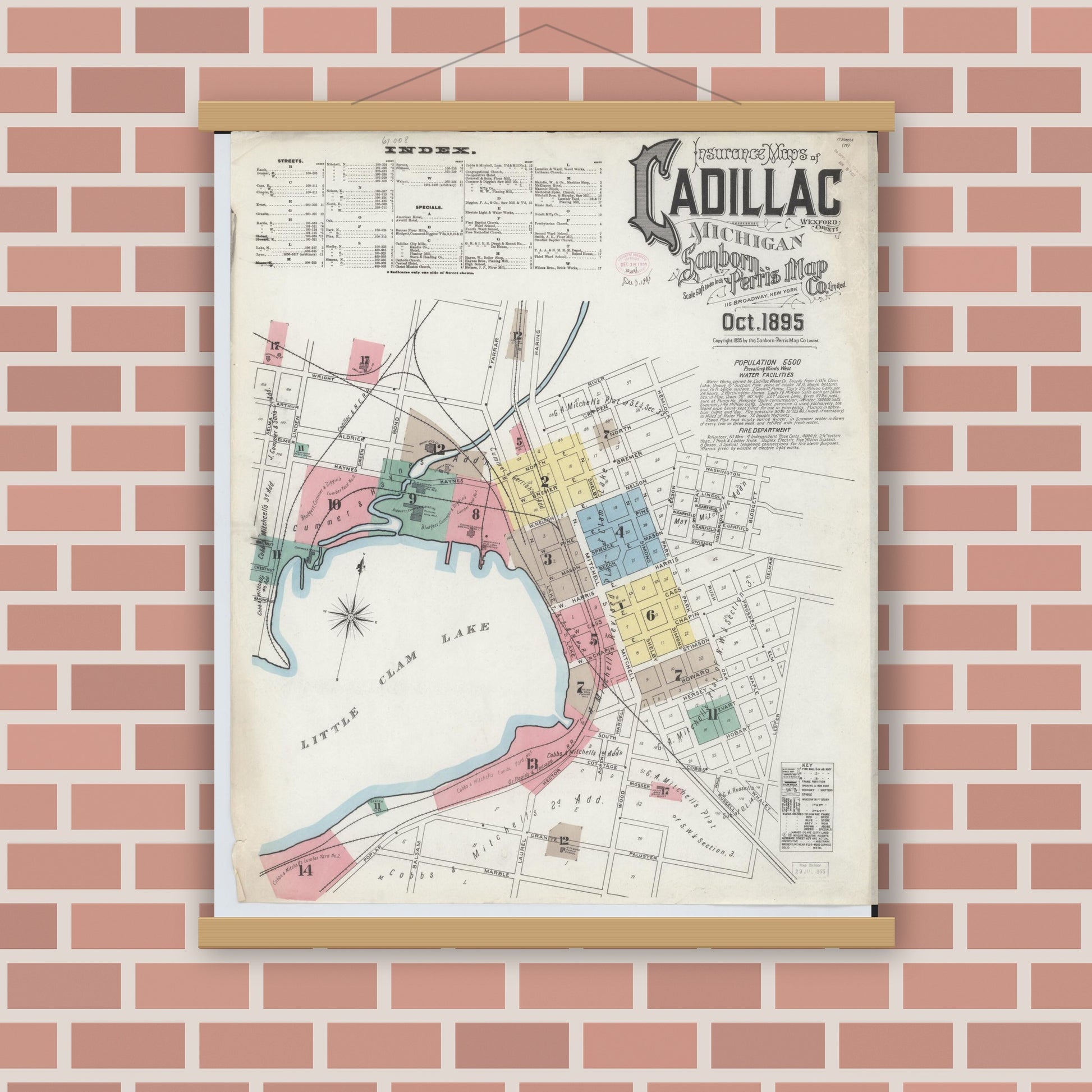 Old map wall art mockup — magnetic wood frame on brick wall — Sanborn Fire Insurance Map from Cadillac, Wexford County, Michigan (1895) - Complete Map Set