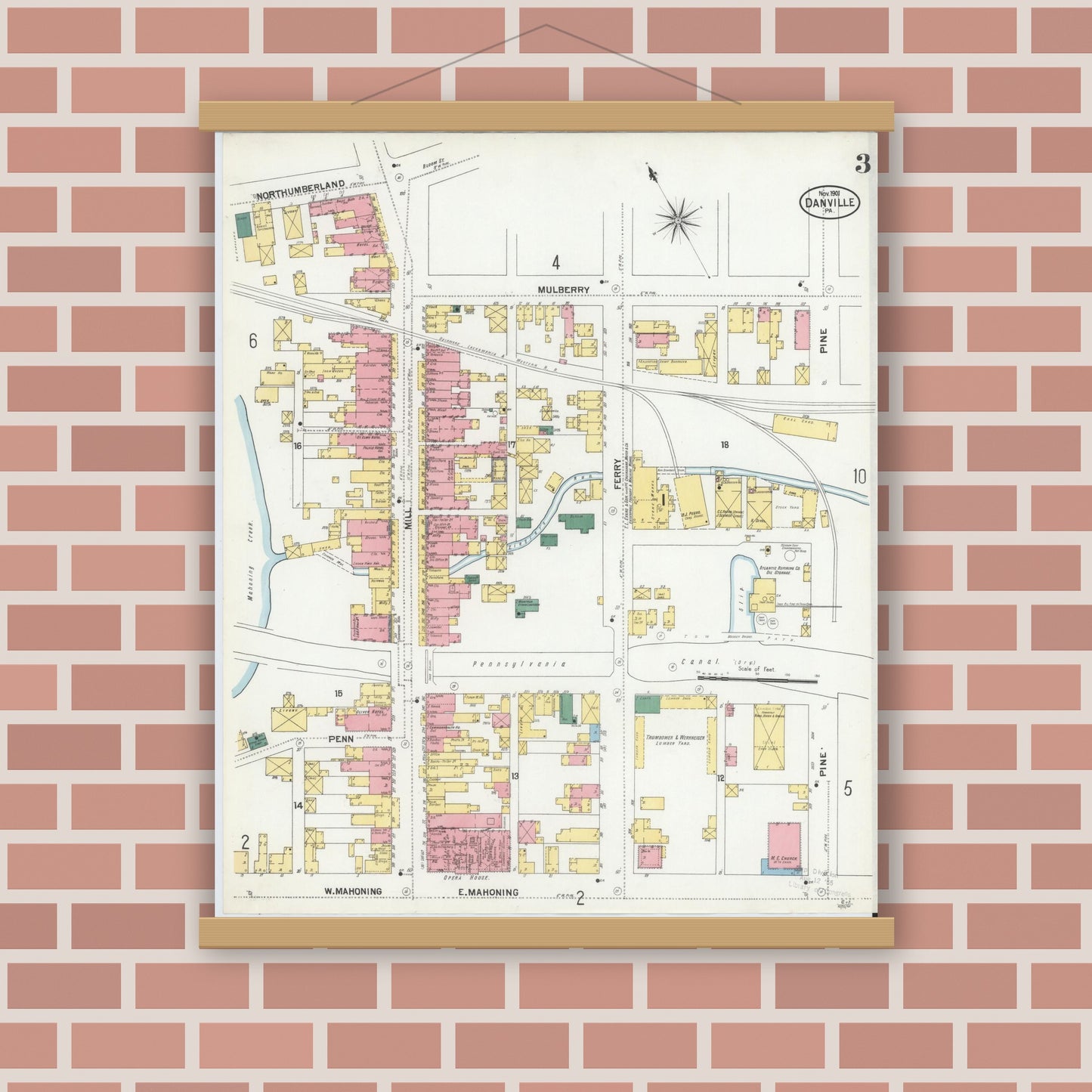 Old map wall art mockup — magnetic wood frame on brick wall — Sanborn Fire Insurance Map from Danville, Montour County, Pennsylvania (1901), Sheet #0003