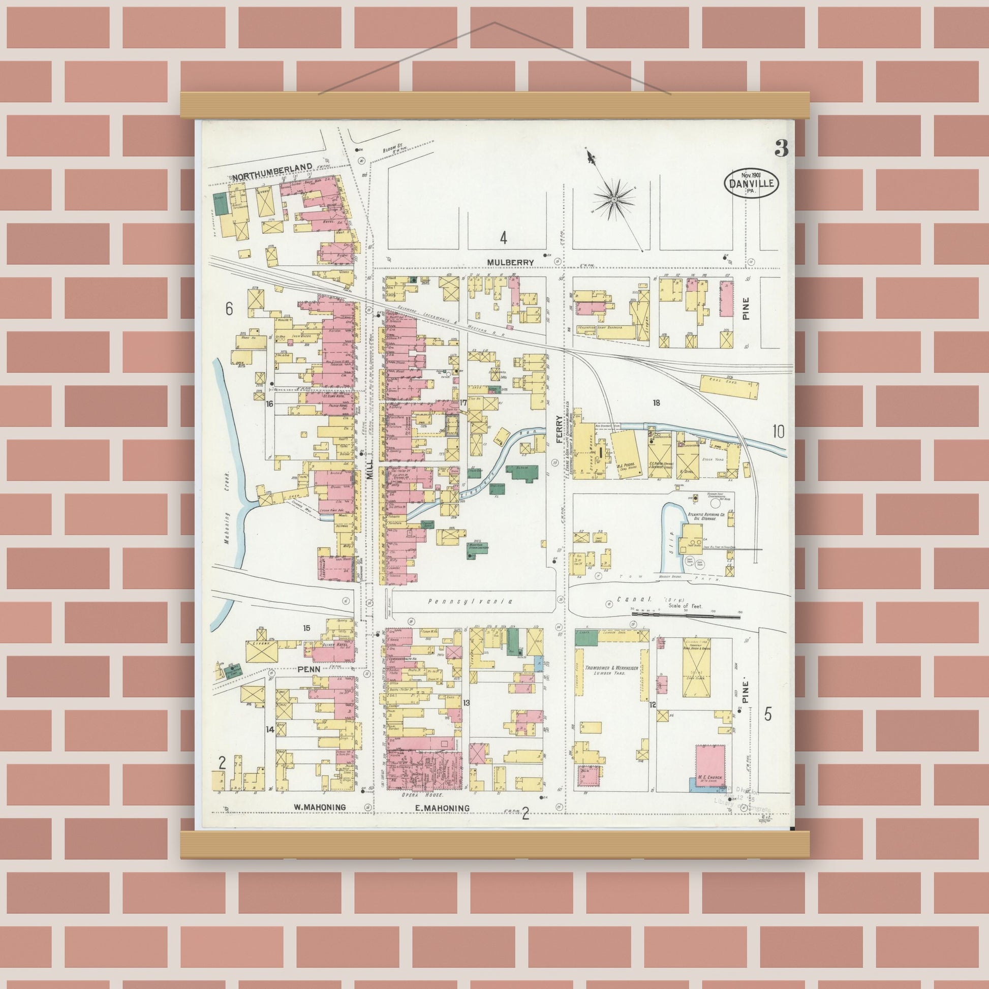 Old map wall art mockup — magnetic wood frame on brick wall — Sanborn Fire Insurance Map from Danville, Montour County, Pennsylvania (1901), Sheet #0003