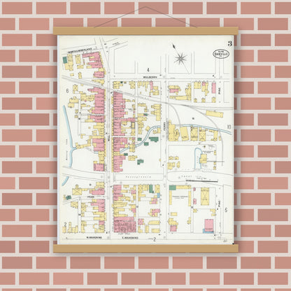 Old map wall art mockup — magnetic wood frame on brick wall — Sanborn Fire Insurance Map from Danville, Montour County, Pennsylvania (1901), Sheet #0003