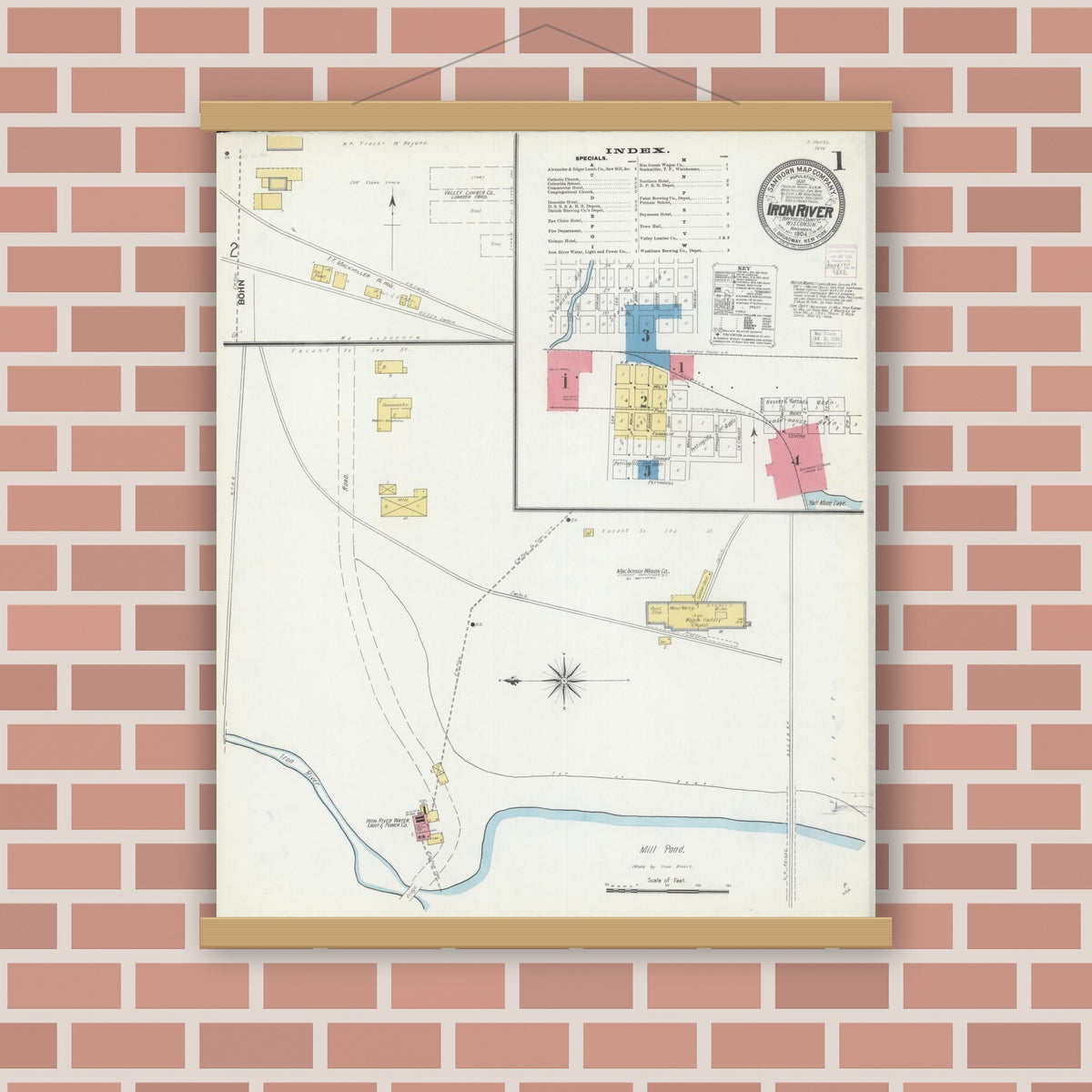Old map wall art mockup — magnetic wood frame on brick wall — Sanborn Fire Insurance Map from Iron River, Bayfield County, Wisconsin (1904) - Complete Map Set