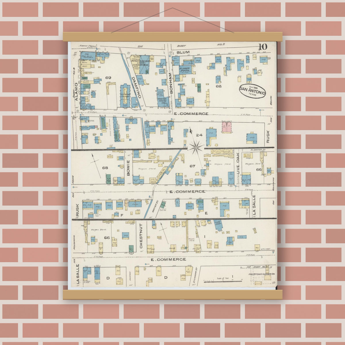 Old map wall art mockup — magnetic wood frame on brick wall — Sanborn Fire Insurance Map from San Antonio, Bexar County, Texas (1885), Sheet #0010