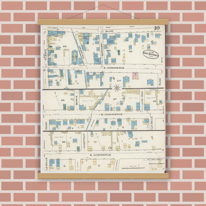 Old map wall art mockup — magnetic wood frame on brick wall — Sanborn Fire Insurance Map from San Antonio, Bexar County, Texas (1885), Sheet #0010