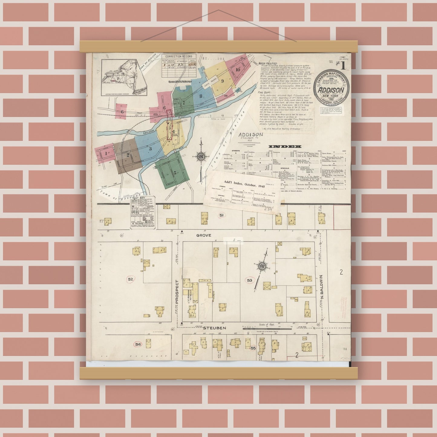 Old map wall art mockup — magnetic wood frame on brick wall — Sanborn Fire Insurance Map from Addison, Steuben County, New York (1945) - Complete Map Set