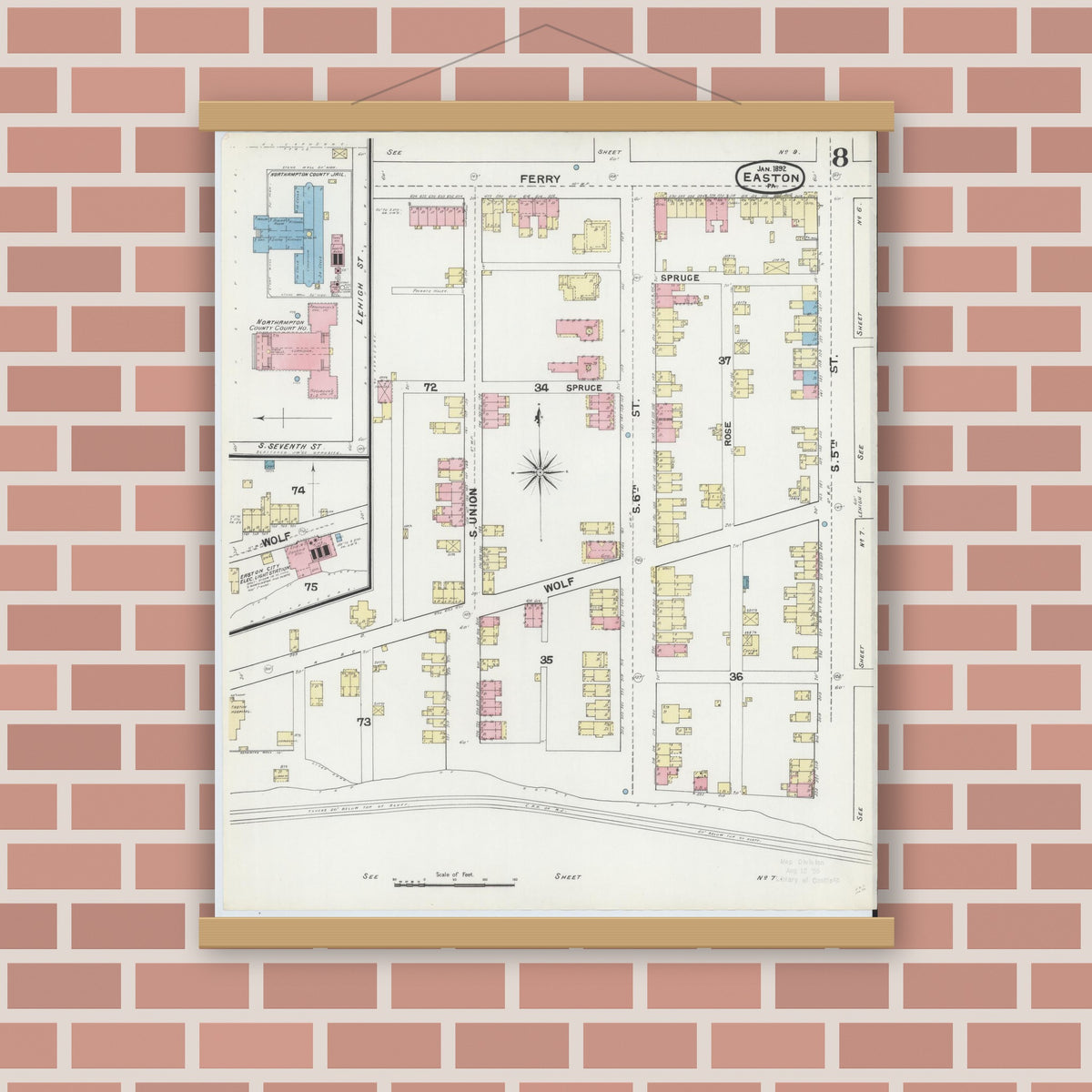 Old map wall art mockup — magnetic wood frame on brick wall — Sanborn Fire Insurance Map from Easton, Northampton County, Pennsylvania (1892), Sheet #0008