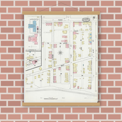 Old map wall art mockup — magnetic wood frame on brick wall — Sanborn Fire Insurance Map from Easton, Northampton County, Pennsylvania (1892), Sheet #0008