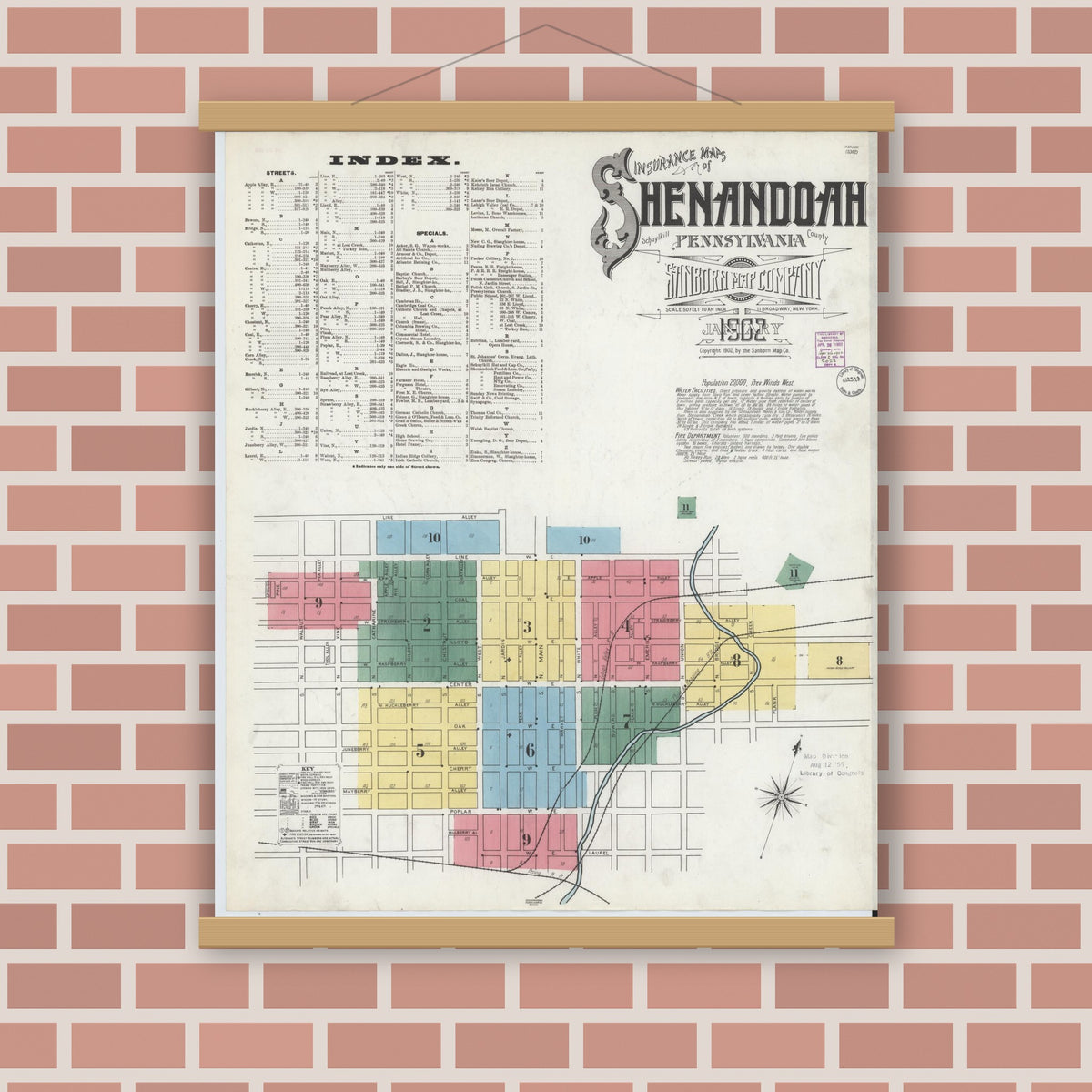 Old map wall art mockup — magnetic wood frame on brick wall — Sanborn Fire Insurance Map from Shenandoah, Schuylkill County, Pennsylvania (1902) - Complete Map Set