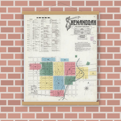 Old map wall art mockup — magnetic wood frame on brick wall — Sanborn Fire Insurance Map from Shenandoah, Schuylkill County, Pennsylvania (1902) - Complete Map Set
