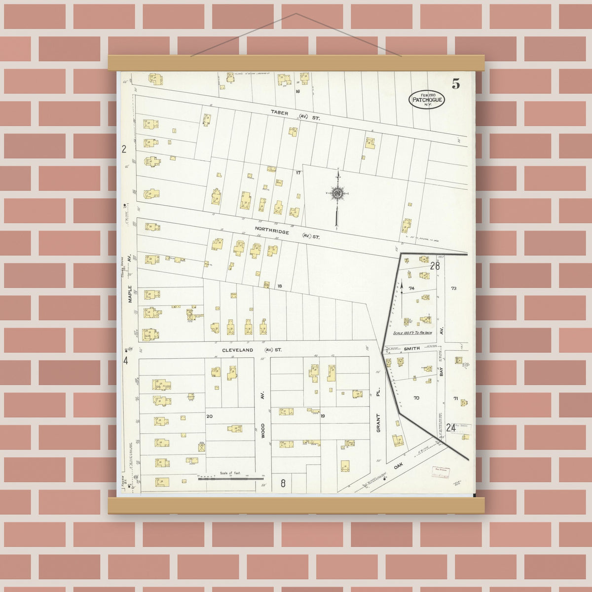 Old map wall art mockup — magnetic wood frame on brick wall — Sanborn Fire Insurance Map from Patchogue, Suffolk County, New York (1910), Sheet #0005
