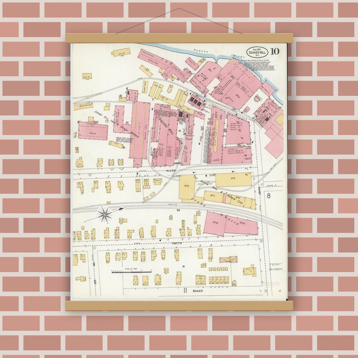 Old map wall art mockup — magnetic wood frame on brick wall — Sanborn Fire Insurance Map from Sandy Hill, Washington County, New York (1907), Sheet #0010