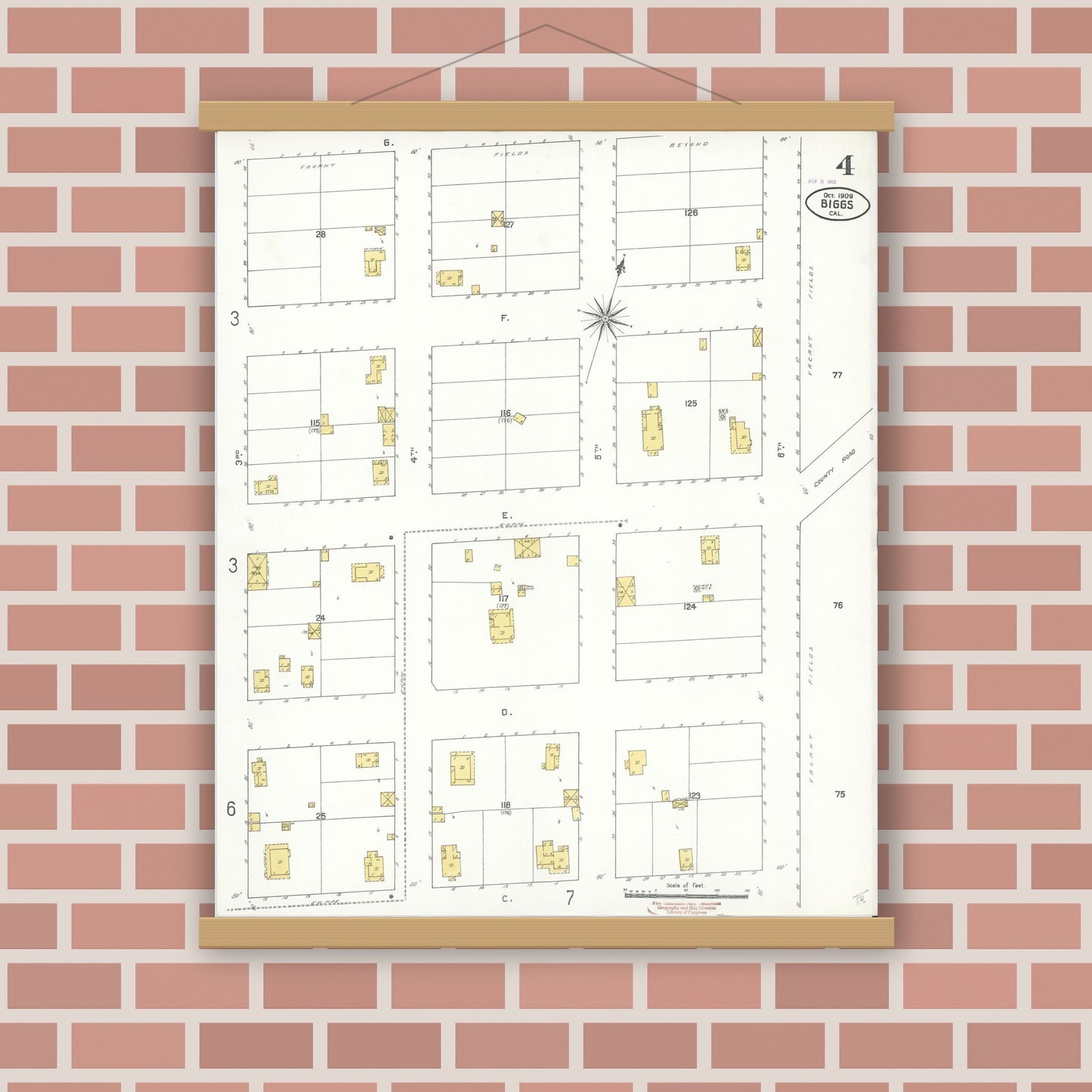 Old map wall art mockup — magnetic wood frame on brick wall — Sanborn Fire Insurance Map from Biggs, Butte County, California (1909), Sheet #0004