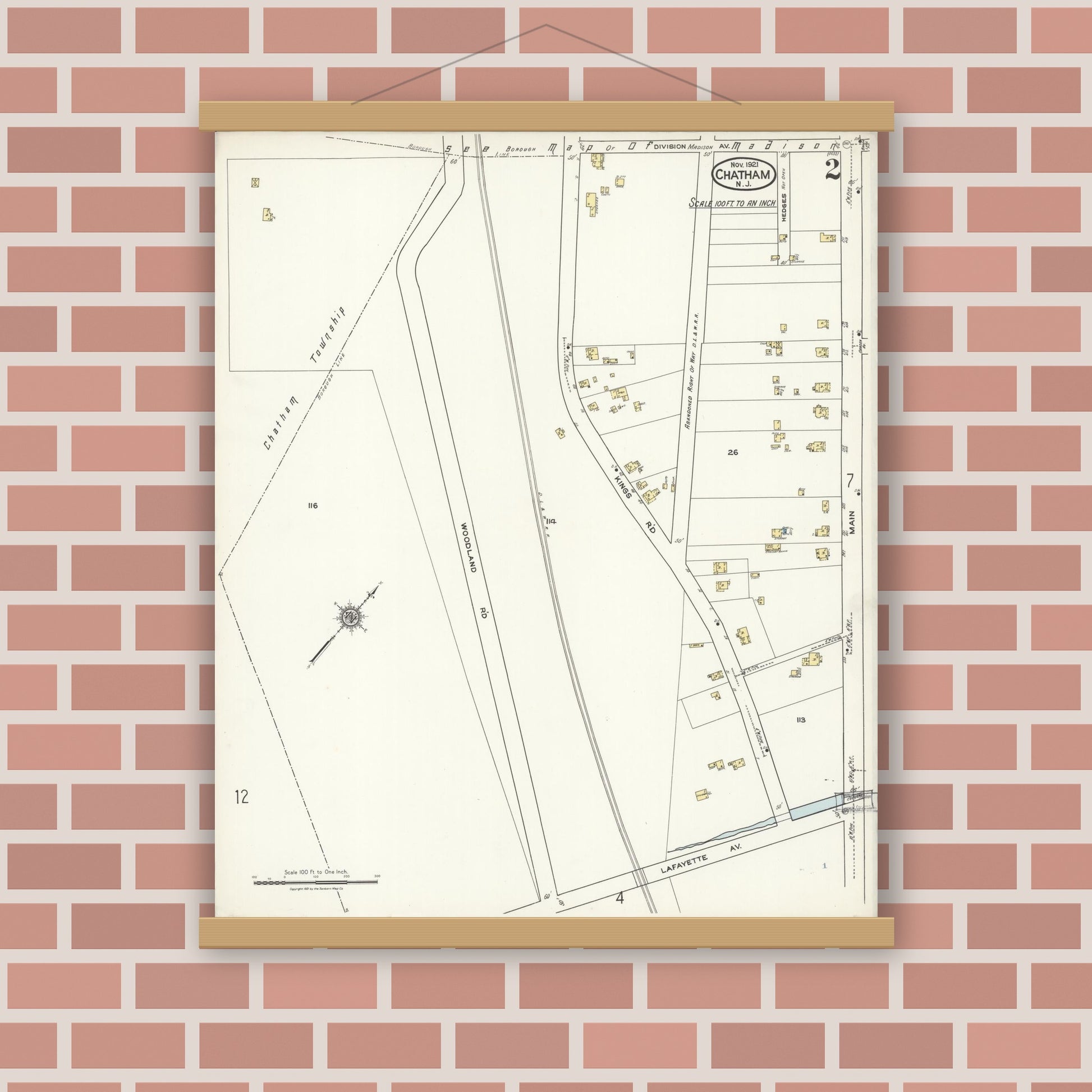 Old map wall art mockup — magnetic wood frame on brick wall — Sanborn Fire Insurance Map from Chatham, Morris County, New Jersey (1921), Sheet #0002