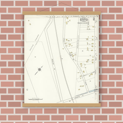 Old map wall art mockup — magnetic wood frame on brick wall — Sanborn Fire Insurance Map from Chatham, Morris County, New Jersey (1921), Sheet #0002