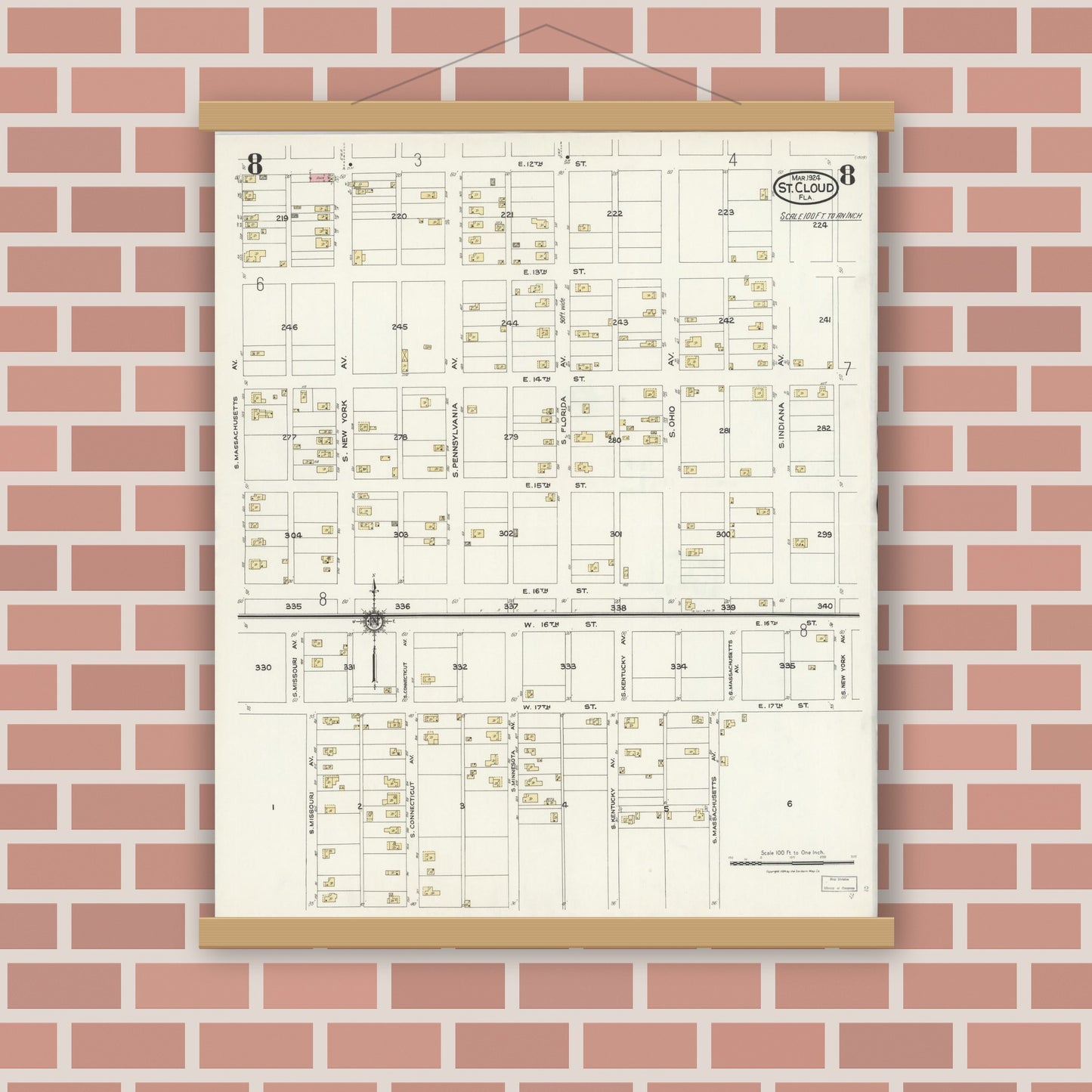 Old map wall art mockup — magnetic wood frame on brick wall — Sanborn Fire Insurance Map from Saint Cloud, Osceola County, Florida (1924), Sheet #0008