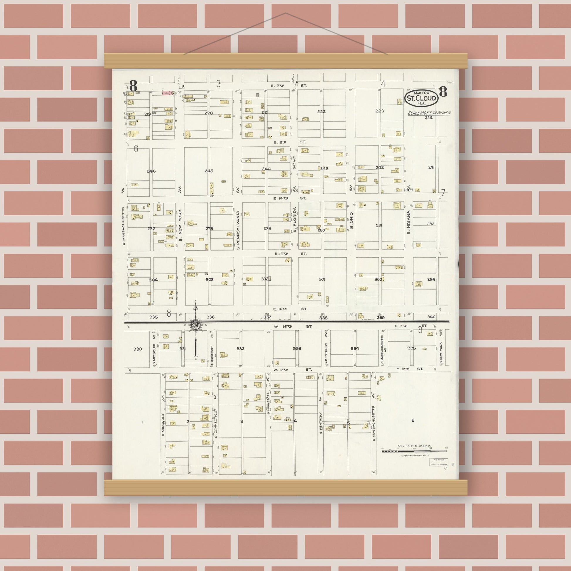 Old map wall art mockup — magnetic wood frame on brick wall — Sanborn Fire Insurance Map from Saint Cloud, Osceola County, Florida (1924), Sheet #0008