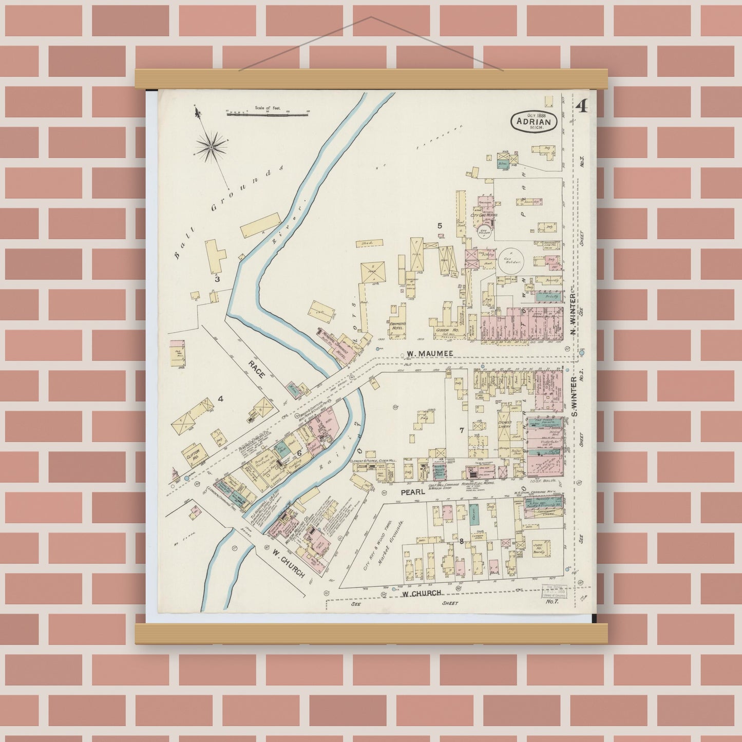 Old map wall art mockup — magnetic wood frame on brick wall — Sanborn Fire Insurance Map from Adrian, Lenawee County, Michigan (1888), Sheet #0004