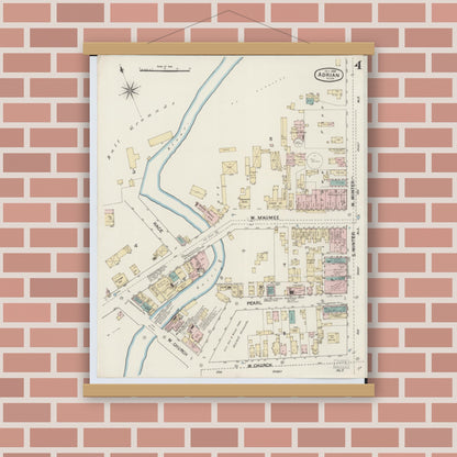 Old map wall art mockup — magnetic wood frame on brick wall — Sanborn Fire Insurance Map from Adrian, Lenawee County, Michigan (1888), Sheet #0004