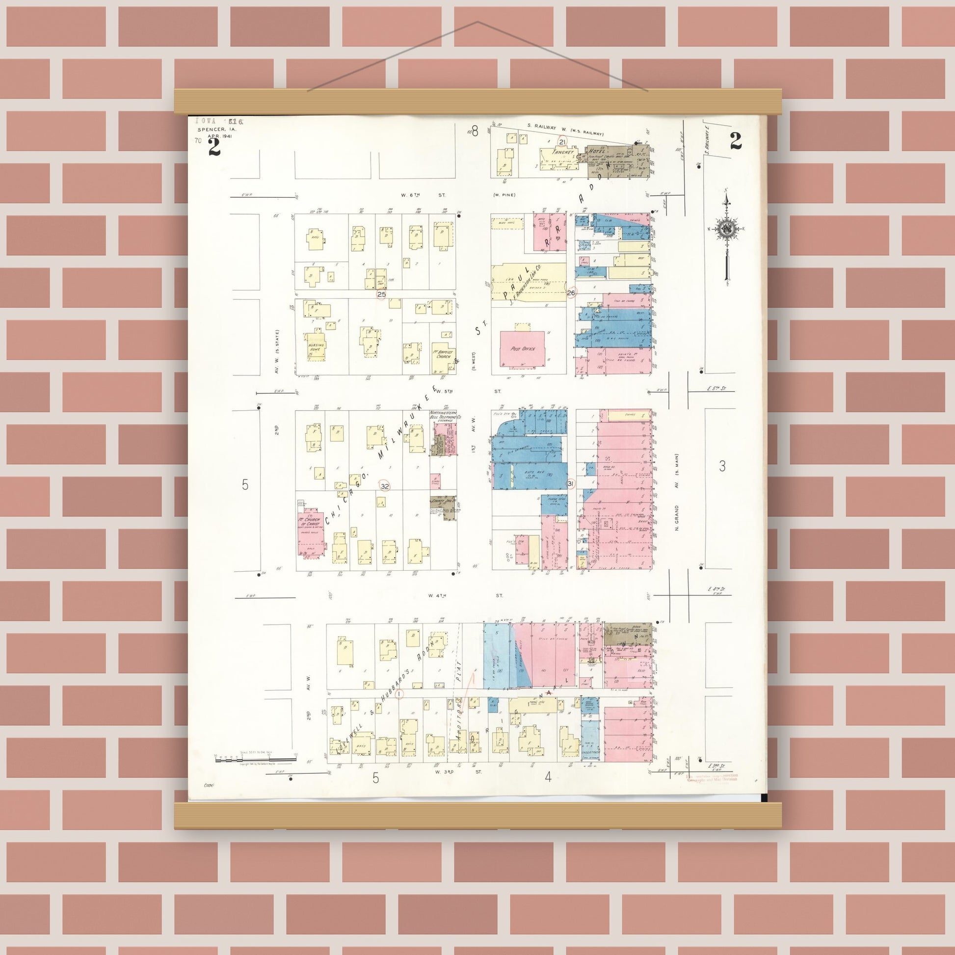 Old map wall art mockup — magnetic wood frame on brick wall — Sanborn Fire Insurance Map from Spencer, Clay County, Iowa (1946), Sheet #0002