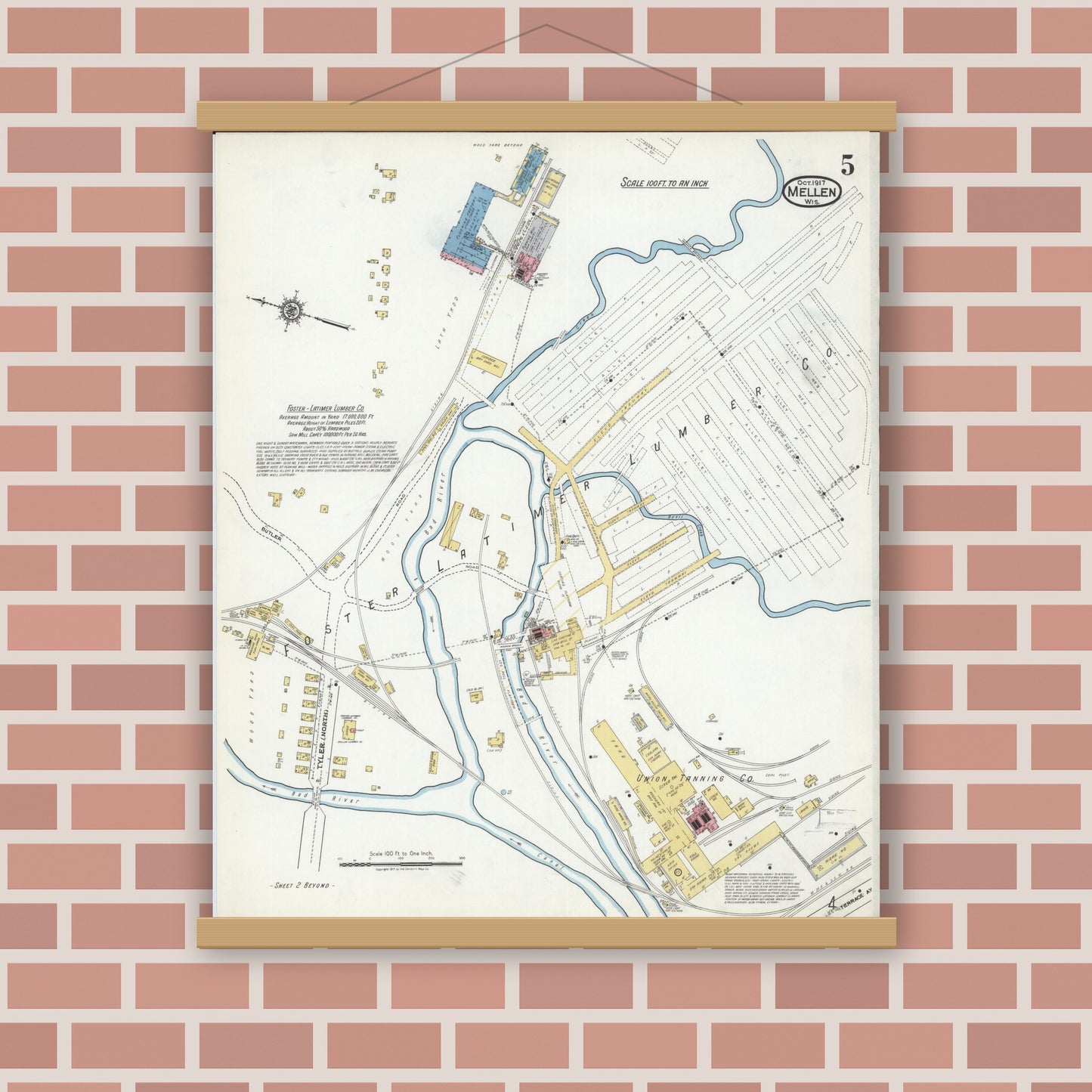 Old map wall art mockup — magnetic wood frame on brick wall — Sanborn Fire Insurance Map from Mellen, Ashland County, Wisconsin (1917), Sheet #0005
