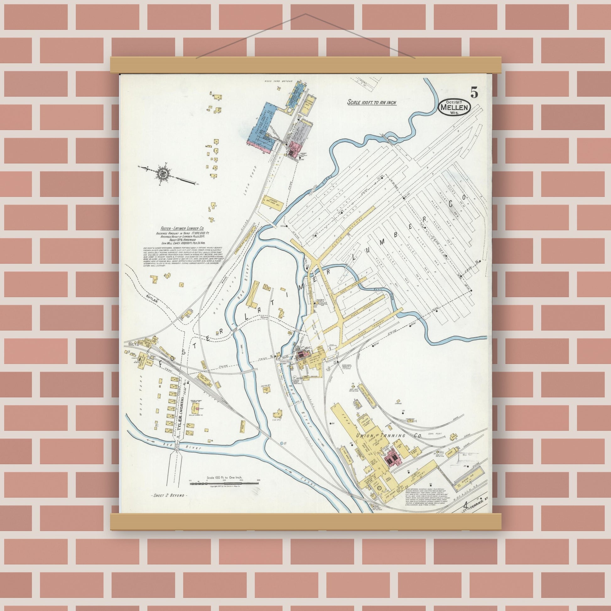 Old map wall art mockup — magnetic wood frame on brick wall — Sanborn Fire Insurance Map from Mellen, Ashland County, Wisconsin (1917), Sheet #0005