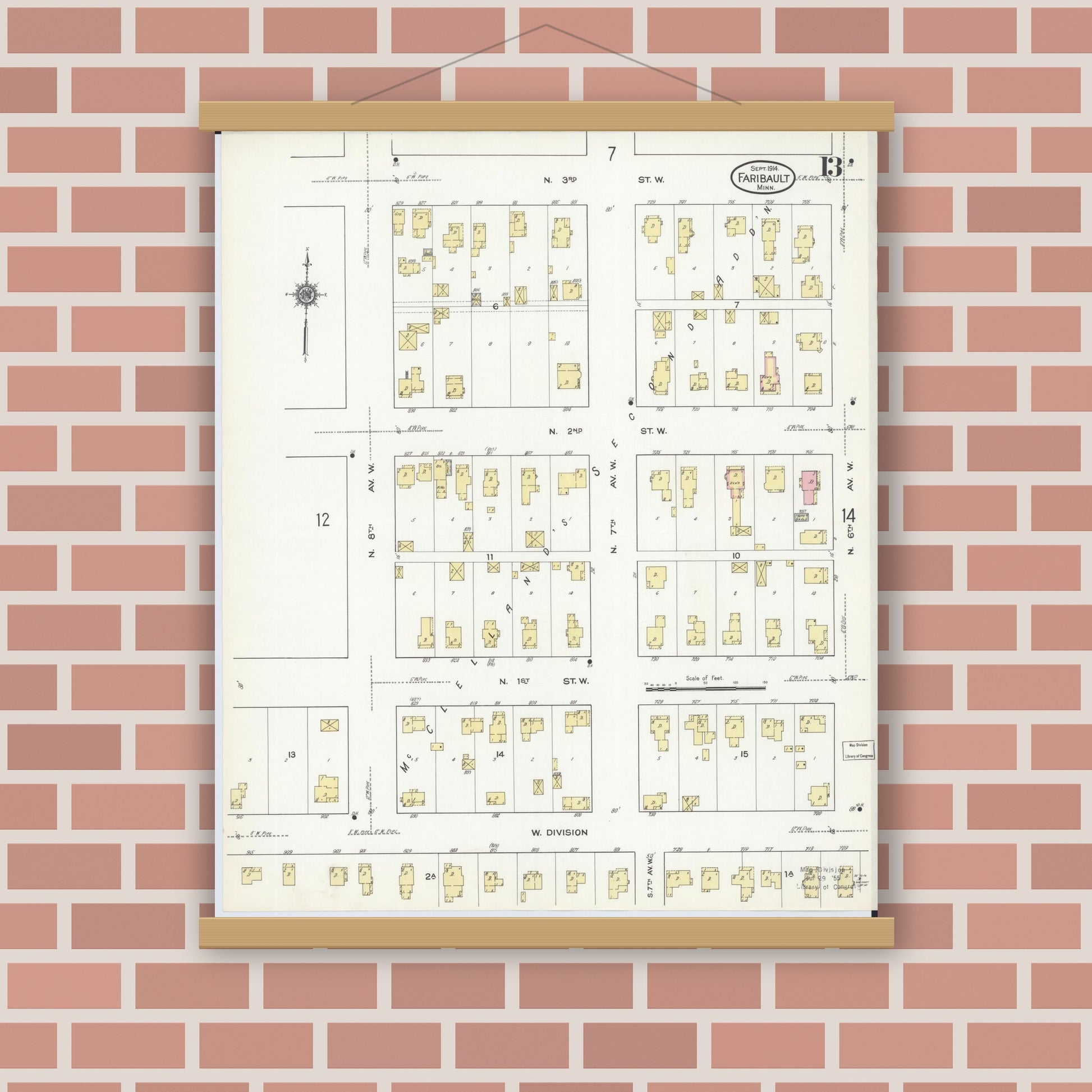 Old map wall art mockup — magnetic wood frame on brick wall — Sanborn Fire Insurance Map from Faribault, Rice County, Minnesota (1914), Sheet #0013