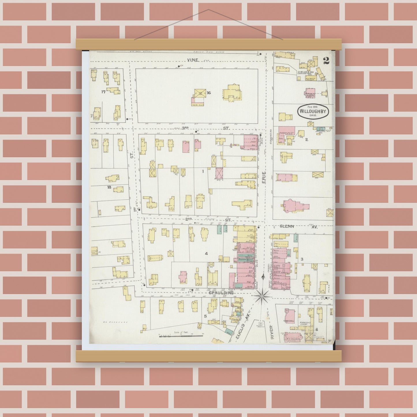 Old map wall art mockup — magnetic wood frame on brick wall — Sanborn Fire Insurance Map from Willoughby, Lake County, Ohio (1893), Sheet #0002