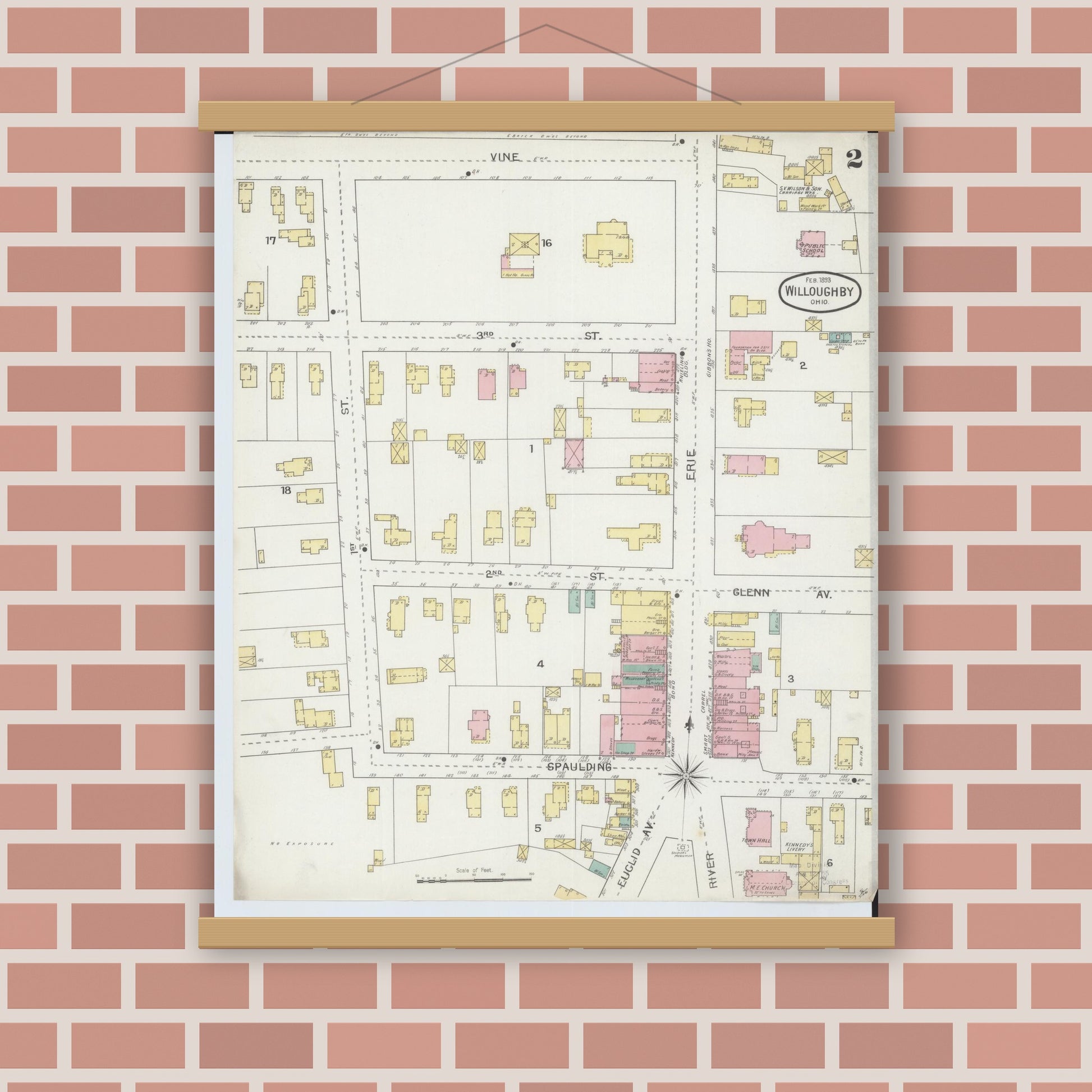 Old map wall art mockup — magnetic wood frame on brick wall — Sanborn Fire Insurance Map from Willoughby, Lake County, Ohio (1893), Sheet #0002