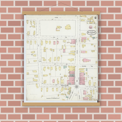 Old map wall art mockup — magnetic wood frame on brick wall — Sanborn Fire Insurance Map from Willoughby, Lake County, Ohio (1893), Sheet #0002