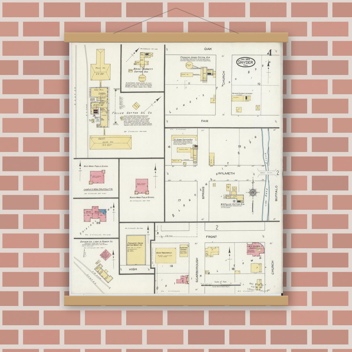 Old map wall art mockup — magnetic wood frame on brick wall — Sanborn Fire Insurance Map from Snyder, Scurry County, Texas (1920), Sheet #0004