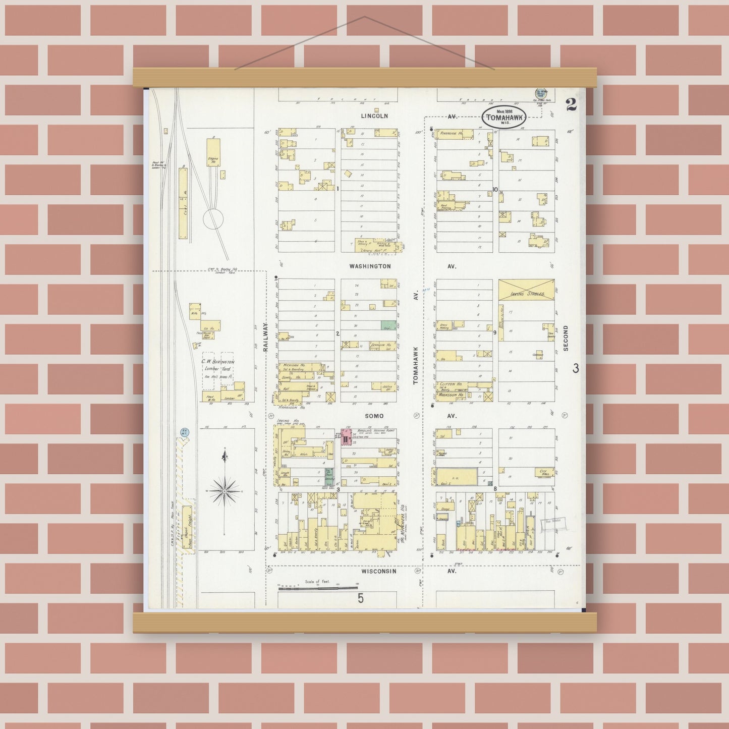 Old map wall art mockup — magnetic wood frame on brick wall — Sanborn Fire Insurance Map from Tomahawk, Lincoln County, Wisconsin (1898), Sheet #0002