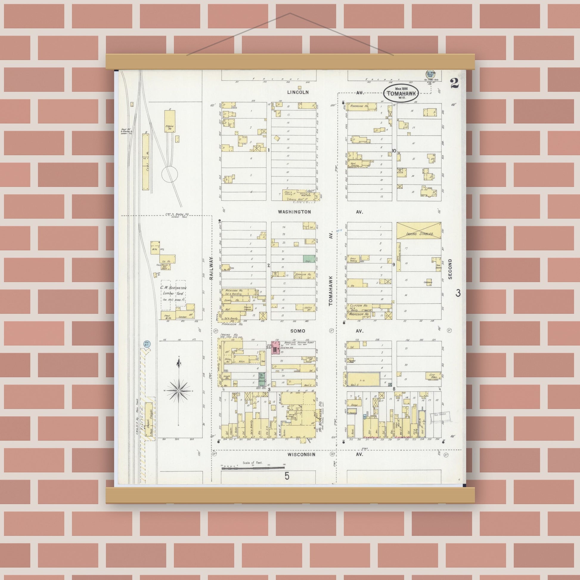 Old map wall art mockup — magnetic wood frame on brick wall — Sanborn Fire Insurance Map from Tomahawk, Lincoln County, Wisconsin (1898), Sheet #0002