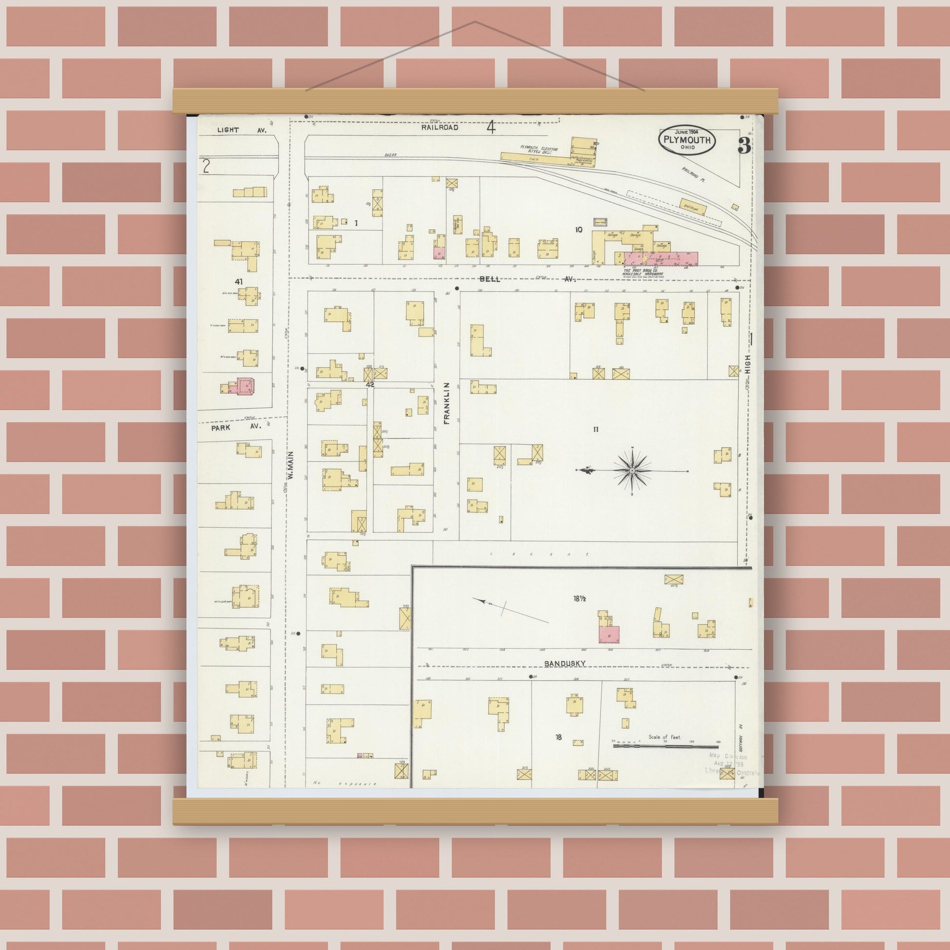 Old map wall art mockup — magnetic wood frame on brick wall — Sanborn Fire Insurance Map from Plymouth, Huron And Richland Counties, Ohio (1904), Sheet #0003