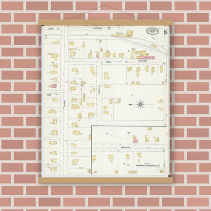 Old map wall art mockup — magnetic wood frame on brick wall — Sanborn Fire Insurance Map from Plymouth, Huron And Richland Counties, Ohio (1904), Sheet #0003