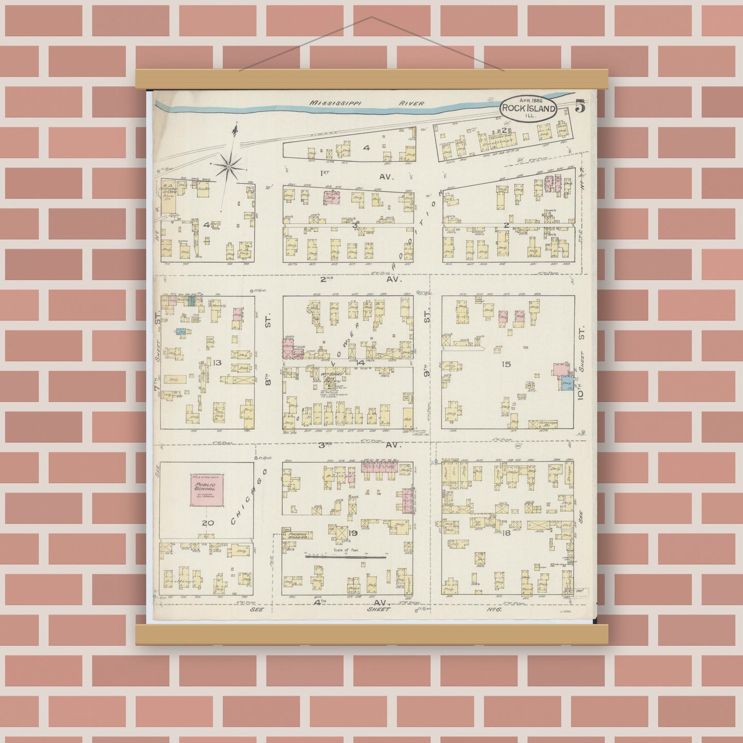Old map wall art mockup — magnetic wood frame on brick wall — Sanborn Fire Insurance Map from Rock Island, Rock Island County, Illinois (1886), Sheet #0005