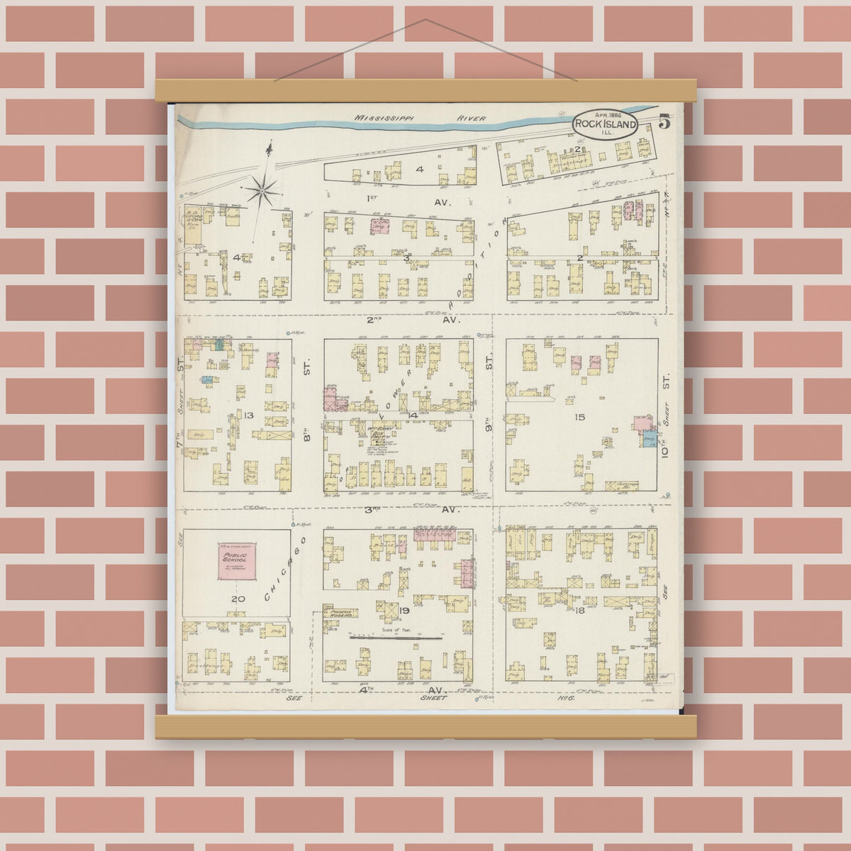 Old map wall art mockup — magnetic wood frame on brick wall — Sanborn Fire Insurance Map from Rock Island, Rock Island County, Illinois (1886), Sheet #0005